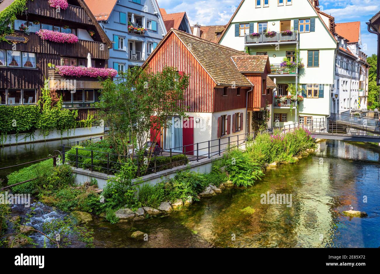 Ulm city, Germany. Nice view of beautiful old houses and canals in historical Fisherman`s Quarter. This place is famous tourist attraction of Ulm. Sce Stock Photo